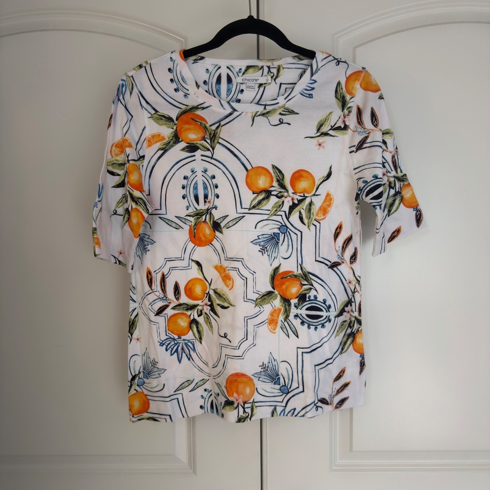 Chicos Pima Fruit Jewel Neck Elbow Tee Orange Citrus Tile Print Top 570369854